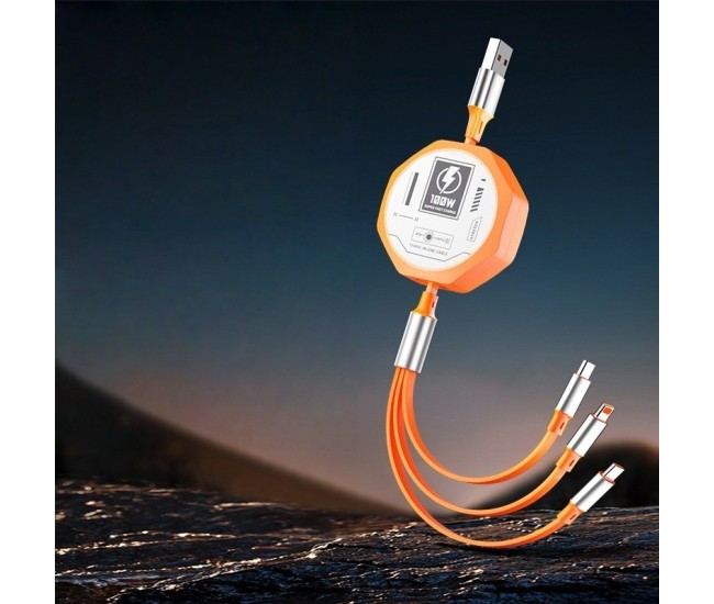 Cablu Retractabil 3in 1 pentru Telefon, Flippy, Cablu de incarcare rapida 100W, stil Mecha, potrivit pentru Auto, Universal 1.2M, Portocaliu Cablu Retractabil 3in 1 pentru Telefon, Flippy, Cablu de incarcare rapida 100W, stil Mecha, potrivit pentru Auto, Universal 1.2M, Portocaliu