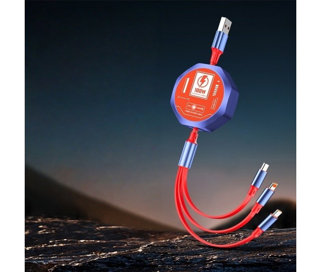 Cablu Retractabil 3in 1 pentru Telefon, Flippy, Cablu de incarcare rapida 100W, stil Mecha, potrivit pentru Auto, Universal 1.2M, Rosu Albastru Cablu Retractabil 3in 1 pentru Telefon, Flippy, Cablu de incarcare rapida 100W, stil Mecha, potrivit pentru Auto, Universal 1.2M, Rosu Albastru