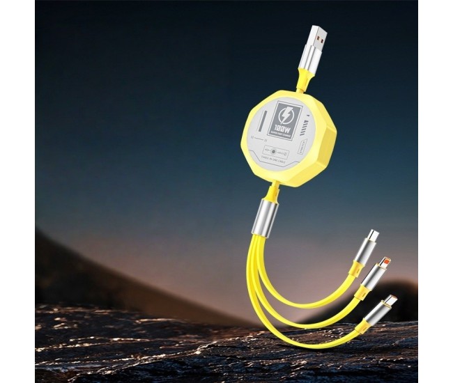 Cablu Retractabil 3in 1 pentru Telefon, Flippy, Cablu de incarcare rapida 100W, stil Mecha, potrivit pentru Auto, Universal 1.2M, Galben Cablu Retractabil 3in 1 pentru Telefon, Flippy, Cablu de incarcare rapida 100W, stil Mecha, potrivit pentru Auto, Universal 1.2M, Galben