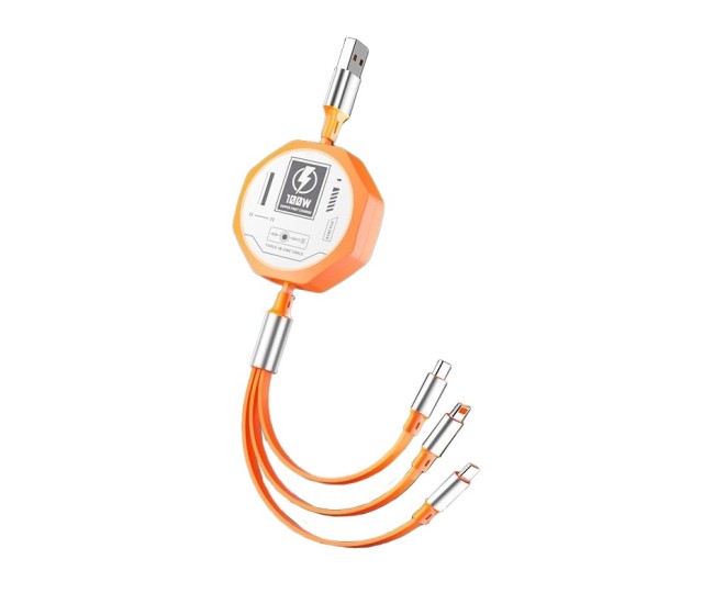 Cablu Retractabil 3in 1 pentru Telefon, Flippy, Cablu de incarcare rapida 100W, stil Mecha, potrivit pentru Auto, Universal 1.2M, Portocaliu Cablu Retractabil 3in 1 pentru Telefon, Flippy, Cablu de incarcare rapida 100W, stil Mecha, potrivit pentru Auto, Universal 1.2M, Portocaliu
