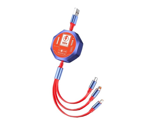 Cablu Retractabil 3in 1 pentru Telefon, Flippy, Cablu de incarcare rapida 100W, stil Mecha, potrivit pentru Auto, Universal 1.2M, Rosu Albastru Cablu Retractabil 3in 1 pentru Telefon, Flippy, Cablu de incarcare rapida 100W, stil Mecha, potrivit pentru Auto, Universal 1.2M, Rosu Albastru