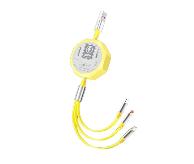 Cablu Retractabil 3in 1 pentru Telefon, Flippy, Cablu de incarcare rapida 100W, stil Mecha, potrivit pentru Auto, Universal 1.2M, Galben Cablu Retractabil 3in 1 pentru Telefon, Flippy, Cablu de incarcare rapida 100W, stil Mecha, potrivit pentru Auto, Universal 1.2M, Galben