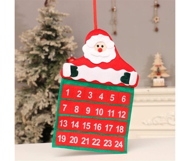 Calendar de Craciun Flippy, Mos Craciun, tip decoratiune, material poliester, cu buzunarele, pentru brad sau prete, 20 x 30 cm, multicolor