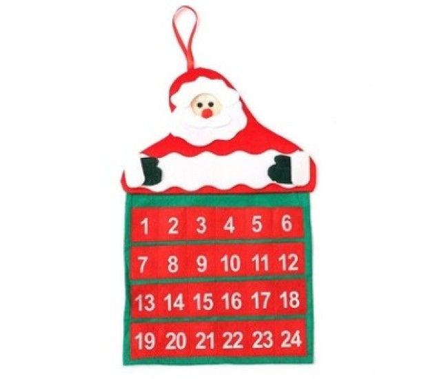 Calendar de Craciun Flippy, Mos Craciun, tip decoratiune, material poliester, cu buzunarele, pentru brad sau prete, 20 x 30 cm, multicolor