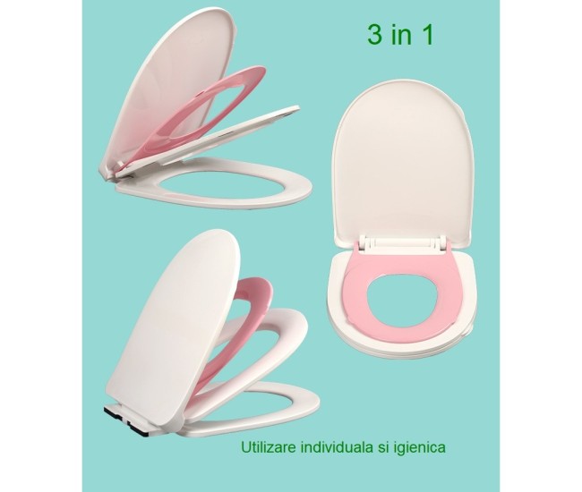Capac de Toaleta cu Reductie 3 in 1, Flippy, pentru Copii +3 Ani si Adulti, Coborare Lenta si Silentioasa, Instalare Usoara, din PP5 , in Forma de U, Alb/Roz Capac de Toaleta cu Reductie 3 in 1, Flippy, pentru Copii +3 Ani si Adulti, Coborare Lenta si Silentioasa, Instalare Usoara, din PP5 , in Forma de U, Alb/Roz