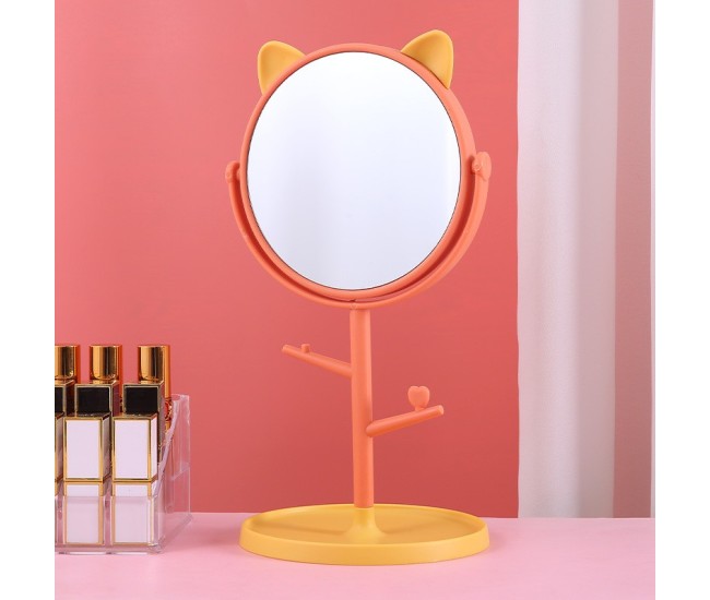 Oglina Cosmetica cu Picior, Flippy, HD, Rotire 360 Grade, 15 cm Diametru, Suport Bijuterii Baza Rotunda + 2 Brate, Model cu Urechi, 31 x 14.5 x 15 cm, din Plastic, Portocaliu/Galben