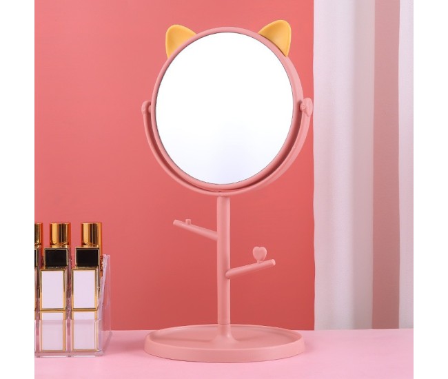 Oglina Cosmetica cu Picior, Flippy, HD, Rotire 360 Grade, 15 cm Diametru, Suport Bijuterii Baza Rotunda + 2 Brate, Model cu Urechi, 31 x 14.5 x 15 cm, din Plastic, Roz/Galben