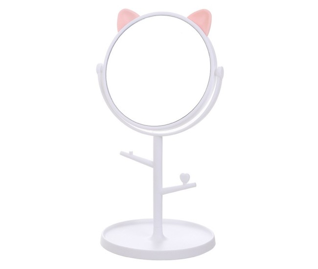 Oglina Cosmetica cu Picior, Flippy, HD, Rotire 360 Grade, 15 cm Diametru, Suport Bijuterii Baza Rotunda + 2 Brate, Model cu Urechi, 31 x 14.5 x 15 cm, din Plastic, Alb