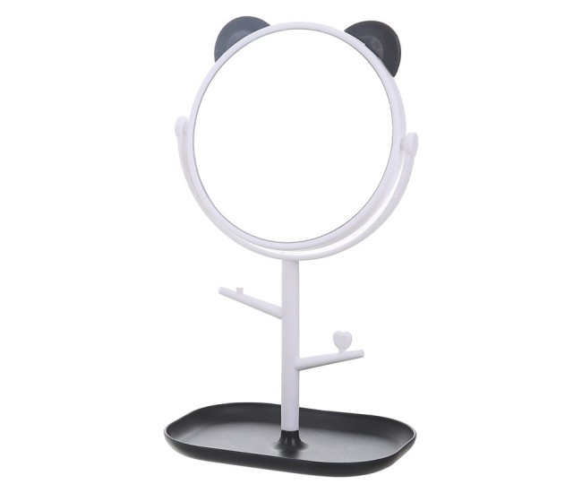 Oglina Cosmetica cu Picior, Flippy, HD, Rotire 360 Grade, 15 cm Diametru, Suport Bijuterii Baza + Brate, Model cu Urechi, 30 x 16.5 x 15 cm, Alb/Negru