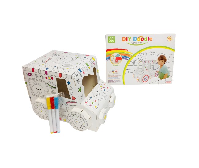 Jucarie Educativa pentru Copii, Flippy, Model Masinuta 3D, Jucarie de Asamblat si Colorat, din Carton, 28 x 20 cm, 3+ ani, Alb