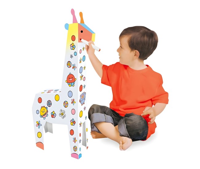 Jucarie Educativa pentru Copii, Flippy, Model Girafa 3D, Set de Asamblat si Colorat din Carton, Puzzle 3D Educativ, 31 x 7.5 x 54 cm, 3+ ani, Alb Multicolor