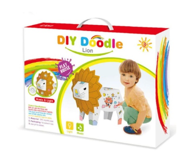 Jucarie Educativa pentru Copii, Flippy, Model Leu 3D, Puzzle 3D de Asamblat si Colorat din Carton, Educativ, 41 x 12 x 33 cm, 3+ ani, Maro/Alb