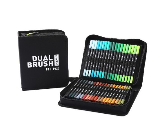 Set carioci pentru copii, set pensule pentru pictura si contur, 100 culori, ambalaj CD, maner negru Set carioci pentru copii, set pensule pentru pictura si contur, 100 culori, ambalaj CD, maner negru