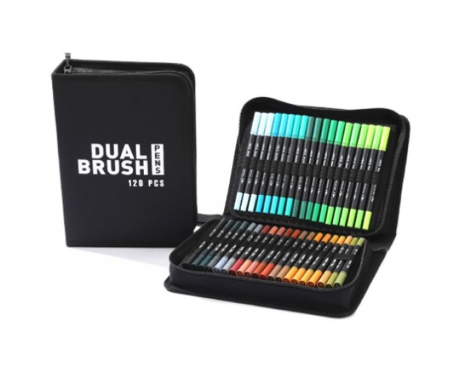 Set carioci pentru copii, set pensule pentru pictura si contur, 120 culori, ambalaj CD, maner negru Set carioci pentru copii, set pensule pentru pictura si contur, 120 culori, ambalaj CD, maner negru