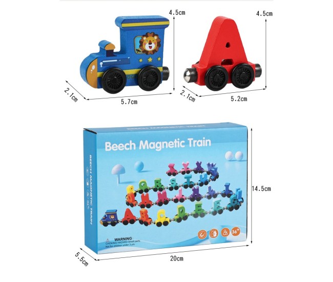 Trenulet Magnetic, Flippy, din Lemn, Model Alfabet, 26 Litere, +3 Ani, Jucarie de Asamblat, Multicolor