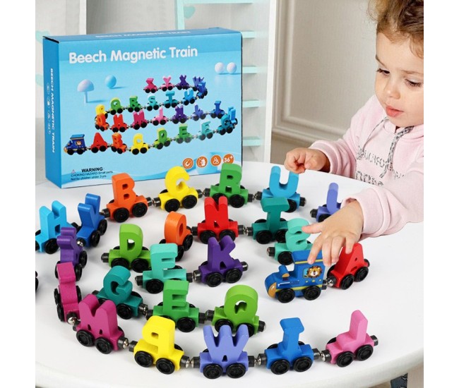 Trenulet Magnetic, Flippy, din Lemn, Model Alfabet, 26 Litere, +3 Ani, Jucarie de Asamblat, Multicolor