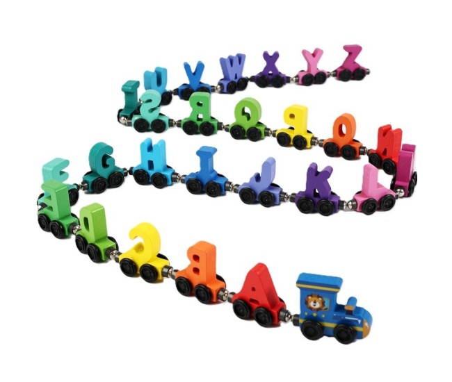 Trenulet Magnetic, Flippy, din Lemn, Model Alfabet, 26 Litere, +3 Ani, Jucarie de Asamblat, Multicolor