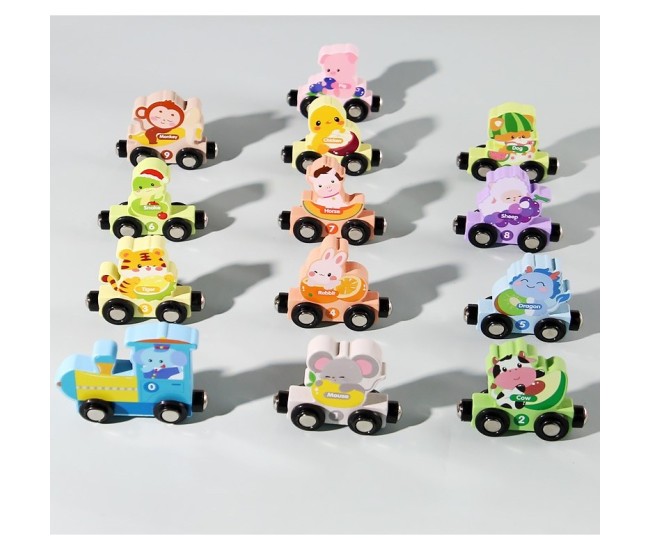 Trenulet Magnetic, Flippy, din Lemn, Model Zoo, 12 Animale, +3 Ani, Jucarie de Asamblat, Multicolor