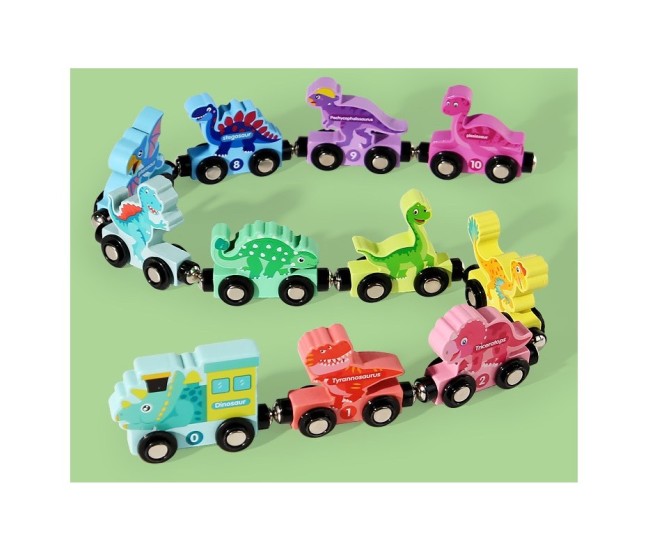 Trenulet Magnetic, Flippy, din Lemn, Model Dinozauri, 10 Animale, +3 Ani, Jucarie de Asamblat, Multicolor