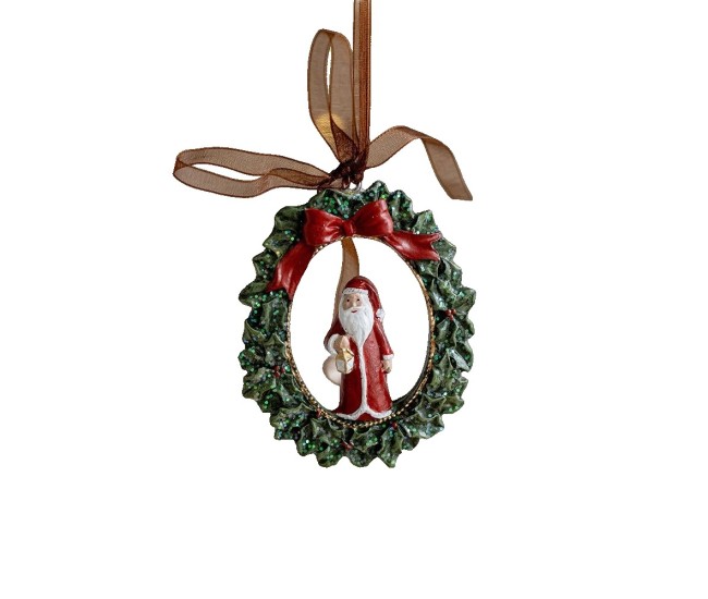Decoratiune de Craciun, Flippy, pentru Brad, Model Ghirlanda cu Mos Craciun, 8 x 6.5 cm, din Rasina, Multicolor