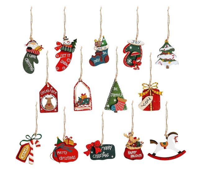 Set 14 Decoratiuni de Craciun, Flippy, pentru Brad, 5 - 9.5 cm, din Lemn, Multicolor