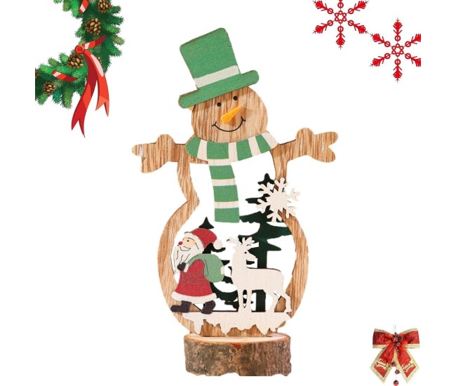 Decoratiune de Craciun, Flippy, din Lemn, 10.5 x 18 cm, Model Om de Zapada cu Caciula Verde, Multicolor Decoratiune de Craciun, Flippy, din Lemn, 10.5 x 18 cm, Model Om de Zapada cu Caciula Verde, Multicolor