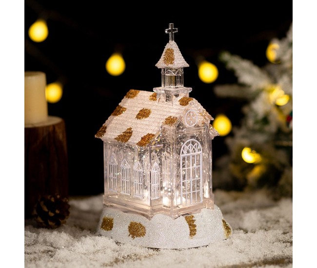 Decoratiune de Craciun, Flippy, Model Bisericuta Transparenta cu Sclipici, Iluminare LED si Efect Zapada, 22 x 13 x 11.5 cm, Alb Transparent