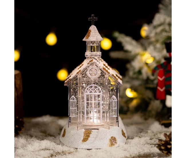Decoratiune de Craciun, Flippy, Model Bisericuta Transparenta cu Sclipici, Iluminare LED si Efect Zapada, 22 x 13 x 11.5 cm, Alb Transparent