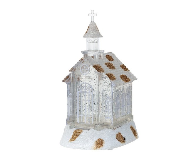 Decoratiune de Craciun, Flippy, Model Bisericuta Transparenta cu Sclipici, Iluminare LED si Efect Zapada, 22 x 13 x 11.5 cm, Alb Transparent