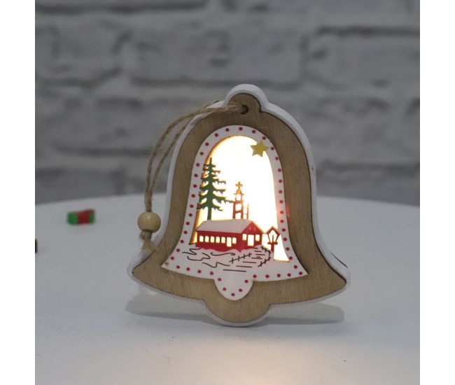 Ornament de Brad, Flippy, cu Lumini LED, din Lemn, Model Clopot, Multicolor Ornament de Brad, Flippy, cu Lumini LED, din Lemn, Model Clopot, Multicolor