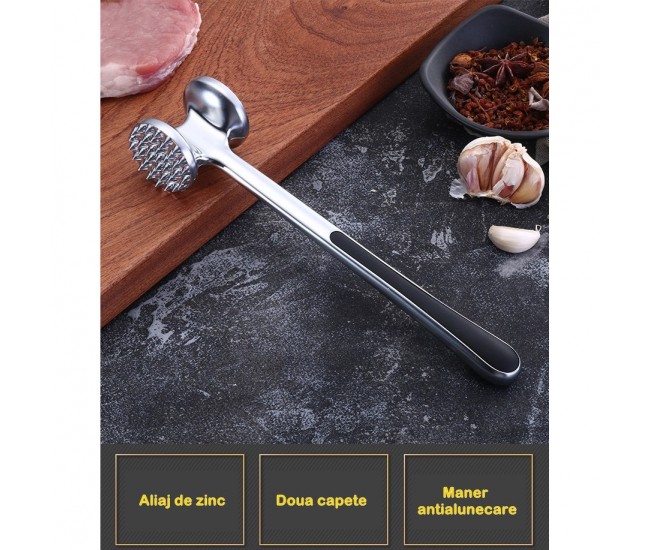 Ciocan pentru snitele si carne Flippy, din aliaj de zinc, maner antialunecare, doua capete, 22 cm, argintiu Ciocan pentru snitele si carne Flippy, din aliaj de zinc, maner antialunecare, doua capete, 22 cm, argintiu