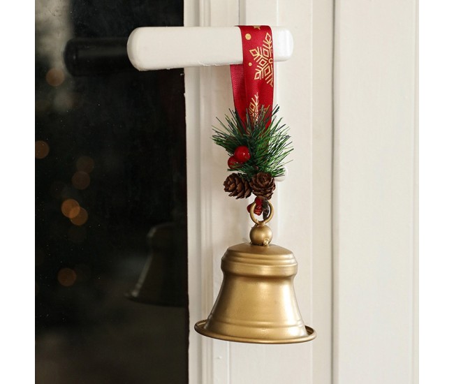 Clopot decorativ pentru Brad Craciun, Flippy, Clopot din Metal cu Funda si Crenguta de Brad pentru Decoratiune de Craciun, 10 x 8 x 8 cm, Auriu
