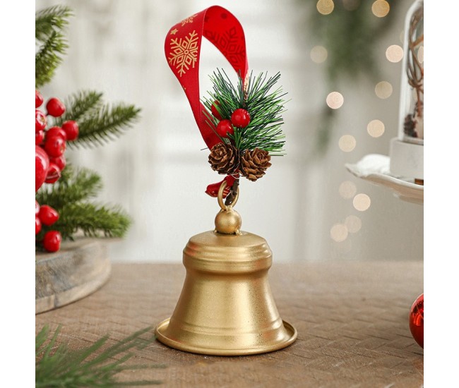 Clopot decorativ pentru Brad Craciun, Flippy, Clopot din Metal cu Funda si Crenguta de Brad pentru Decoratiune de Craciun, 10 x 8 x 8 cm, Auriu