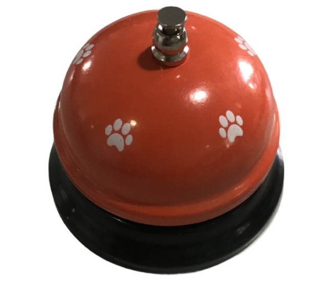 Clopotel Metalic Multifunctional, Flippy, Portocaliu cu Imprimeu Labuta Alba, 7.5x7.5x6.5 cm, Dresaj, Receptie, Restaurante