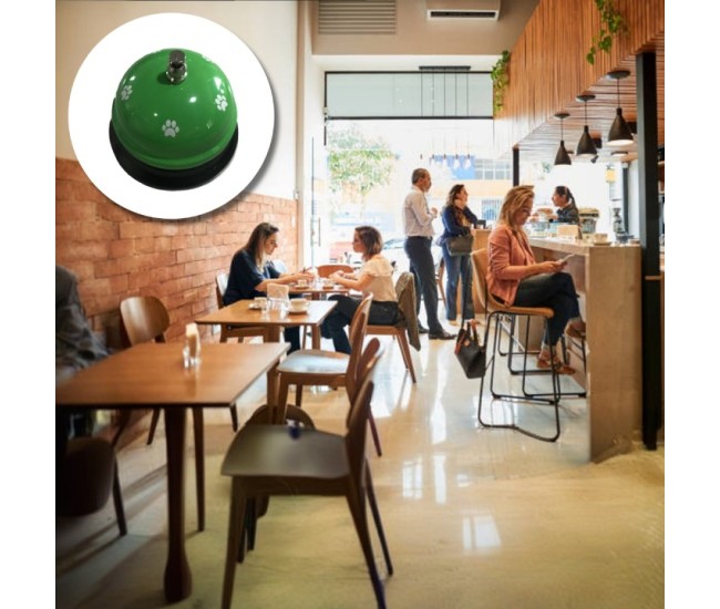 Clopotel Metalic Multifunctional, Flippy, Verde cu Imprimeu Labuta Alba, 7.5x7.5x6.5 cm, Dresaj, Receptie, Restaurante