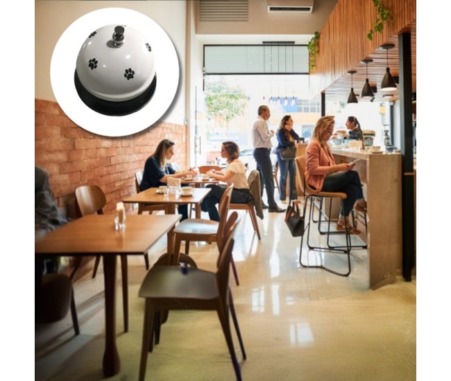 Clopotel Metalic Multifunctional, Flippy, Alb cu Imprimeu Labuta Neagra, 7.5x7.5x6.5 cm, Dresaj, Receptie, Restaurante