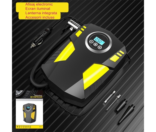 Compresor Auto Portabil cu Lanterna si Afisaj Electornic Flippy, DC 12V, 120W, 35L/min, Cablu de alimentare 3m, Pompa Biciclete, Moto, Mingi, Saltele, Max 10.3bar, lumina LED, Negru Compresor Auto Portabil cu Lanterna si Afisaj Electornic Flippy, DC 12V, 120W, 35L/min, Cablu de alimentare 3m, Pompa Biciclete, Moto, Mingi, Saltele, Max 10.3bar, lumina LED, Negru