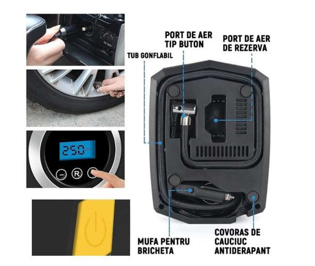 Compresor Auto Portabil cu Lanterna si Afisaj Electornic Flippy, DC 12V, 120W, 35L/min, Cablu de alimentare 3m, Pompa Biciclete, Moto, Mingi, Saltele, Max 10.3bar, lumina LED, Negru Compresor Auto Portabil cu Lanterna si Afisaj Electornic Flippy, DC 12V, 120W, 35L/min, Cablu de alimentare 3m, Pompa Biciclete, Moto, Mingi, Saltele, Max 10.3bar, lumina LED, Negru