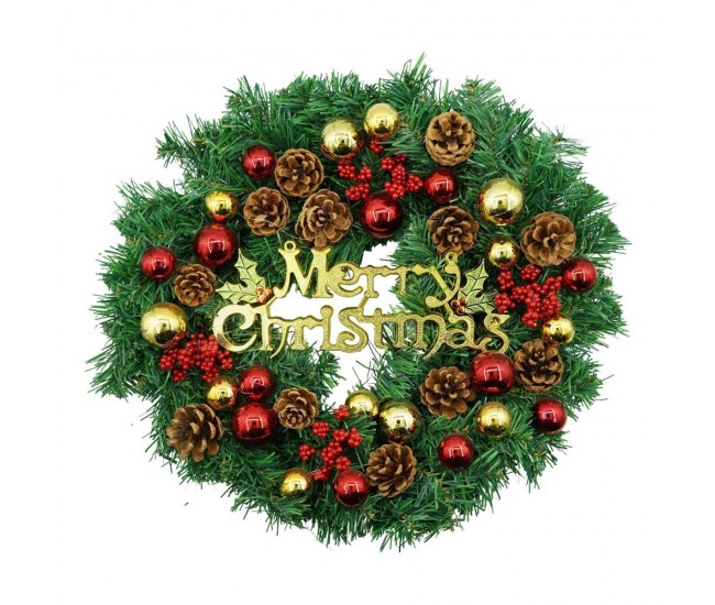 Coronita de Craciun pentru usa, Rosu-Auriu-Verde, 40 cm, PVC, Artificiala, Decorata, Interior/Exterior, Flippy Coronita de Craciun pentru usa, Rosu-Auriu-Verde, 40 cm, PVC, Artificiala, Decorata, Interior/Exterior, Flippy