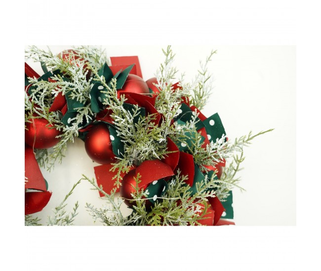 Coronita de Craciun pentru usa, Rosu/Verde, 40 cm, PVC, Artificiala, Decorata, cu LED, Interior/Exterior, Flippy