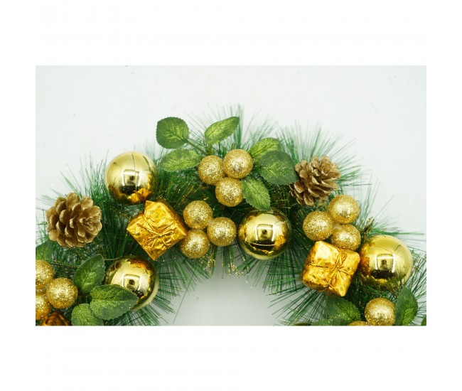 Coronita de Craciun pentru usa, Verde/Auriu, 35 cm, PVC, Artificiala, Decorata, Interior/Exterior, Flippy