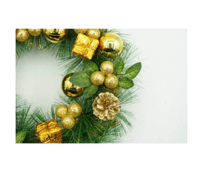 Coronita de Craciun pentru usa, Verde/Auriu, 35 cm, PVC, Artificiala, Decorata, Interior/Exterior, Flippy