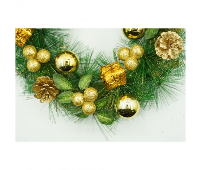 Coronita de Craciun pentru usa, Verde/Auriu, 35 cm, PVC, Artificiala, Decorata, Interior/Exterior, Flippy