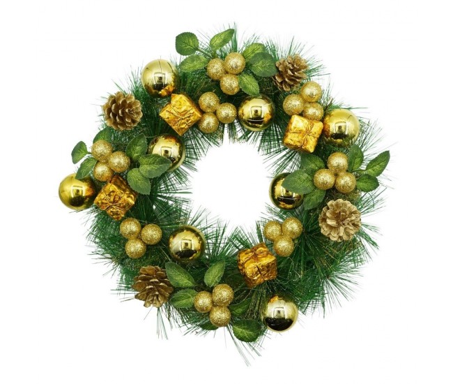 Coronita de Craciun pentru usa, Verde/Auriu, 35 cm, PVC, Artificiala, Decorata, Interior/Exterior, Flippy