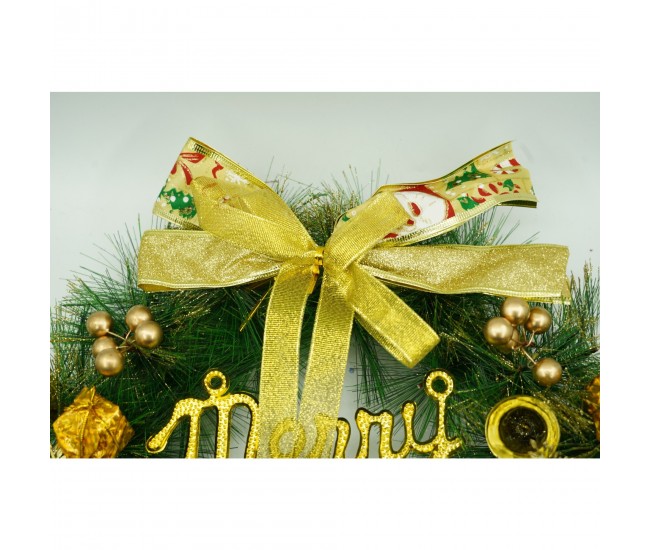 Coronita de Craciun pentru usa, Verde/Auriu, 40 cm, PVC, Artificiala, Decorata, Interior/Exterior, Flippy