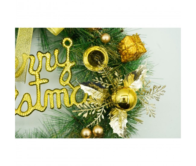 Coronita de Craciun pentru usa, Verde/Auriu, 40 cm, PVC, Artificiala, Decorata, Interior/Exterior, Flippy