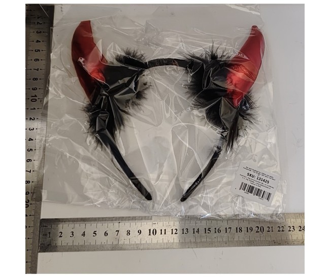 Coronita Deghizare, Flippy, Model Cornite Devil, Rosu Satinat cu Puf Negru, Marime Universala