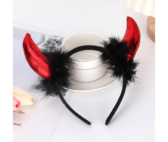 Coronita Deghizare, Flippy, Model Cornite Devil, Rosu Satinat cu Puf Negru, Marime Universala