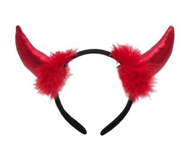 Coronita Deghizare, Flippy, Model Cornite Devil, Rosu Satinat cu Puf Rosu, Marime Universala