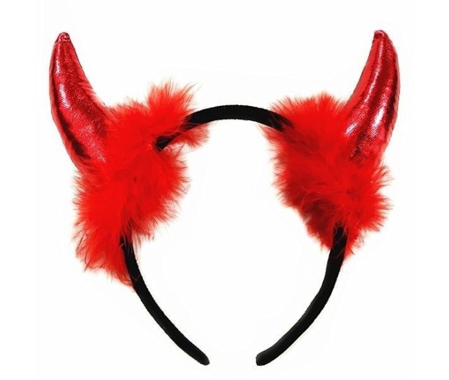 Coronita Deghizare, Flippy, Model Cornite Devil, Rosu Satinat cu Puf Rosu, Marime Universala